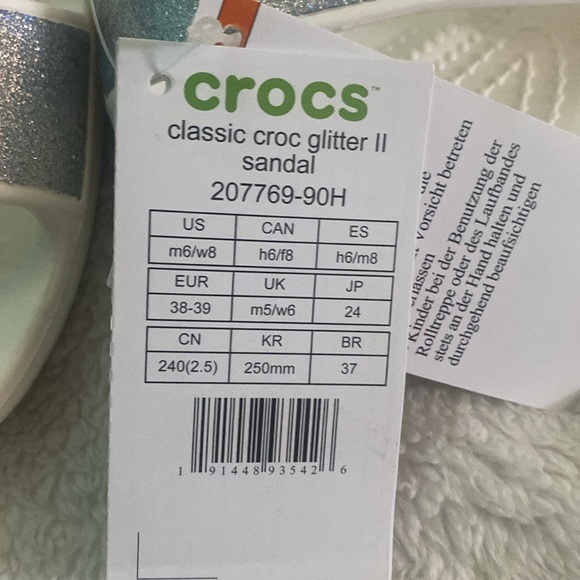 Crocs Classic Glitter 2 Slide Sandal, White with Silver Metallic - Picture 6 of 9